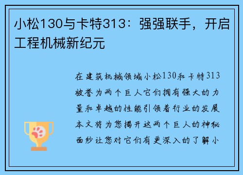 小松130与卡特313:强强联手,开启工程机械新纪元