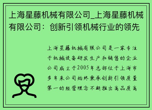 上海星藤机械有限公司_上海星藤机械有限公司:创新引领机械行业的领先企业